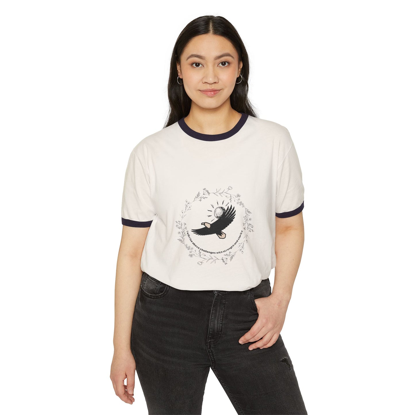 Unisex Cotton Ringer T-Shirt with Elegant Bird Design - Casual Everyday Wear