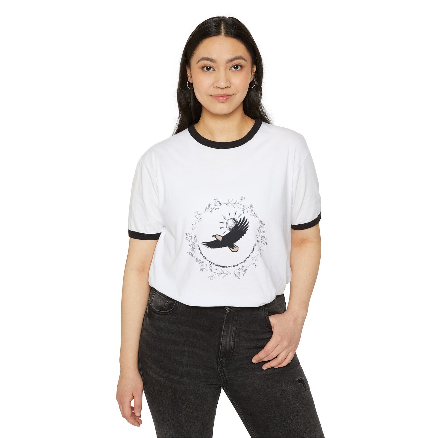 Unisex Cotton Ringer T-Shirt with Elegant Bird Design - Casual Everyday Wear
